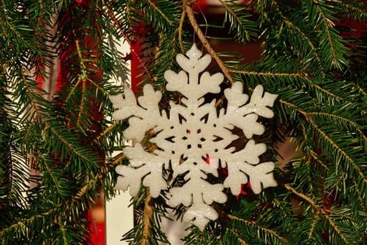 christmas tree with big white snowflake on a German christmas market
