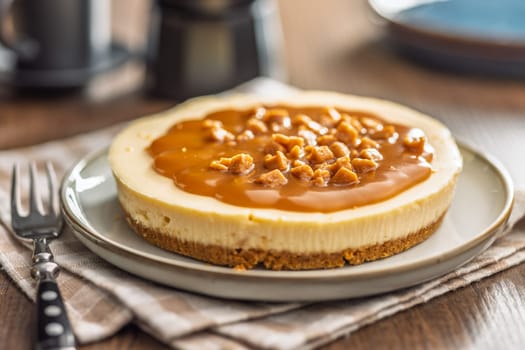 Cheesecake with caramel topping on plate on a wooden table.