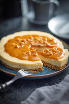 A cut piece of cheesecake with caramel topping on plate on a black table.