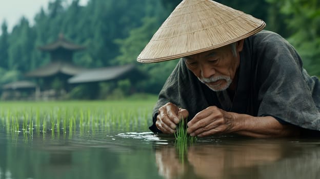 An elderly farmer in traditional attire tends to rice plants in a serene, lush field.