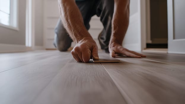 Close up of hands installing wooden flooring, showcasing precision and craftsmanship in home improvement.
