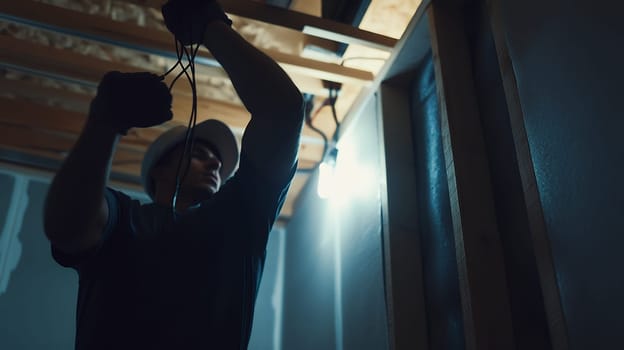 Electrician in a dimly lit space wiring a ceiling, demonstrating focus and technical expertise.