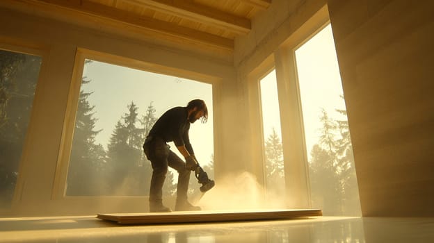 Silhouetted carpenter sanding wood in a sunlit workshop, capturing the essence of craftsmanship.