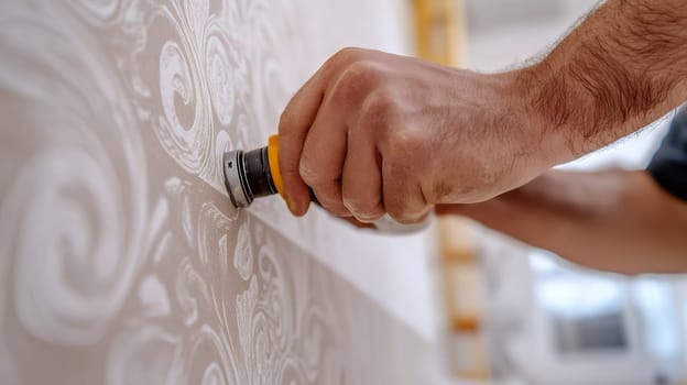 Close up of hands installing patterned wallpaper, showcasing precision and attention to detail in interior decor.