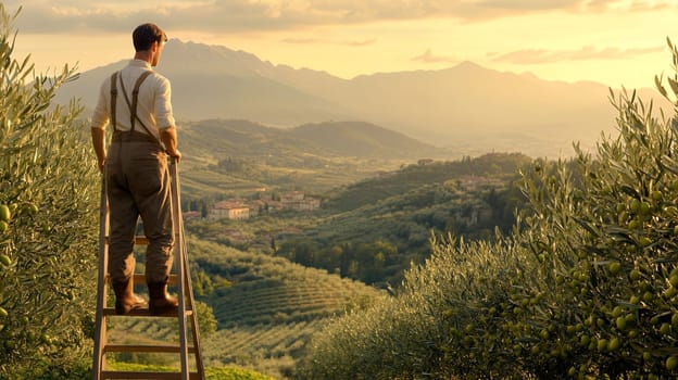 Farmer standing on ladder overlooking a vineyard at sunset, embracing nature and agriculture.