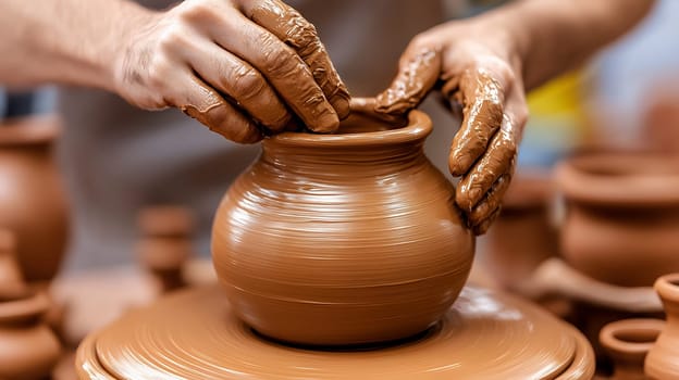 Skilled hands shaping a clay pot on a pottery wheel, demonstrating artistry and technique.