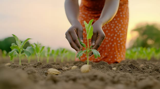 Hands gently planting a seedling in fertile soil as the sun sets, symbolizing growth.