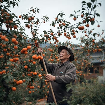 An elderly man joyfully harvests persimmons from a tree, demonstrating the fruitful rewards of farming.