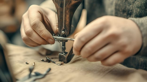 Hands adjusting a vintage sewing machine, reflecting skill and attention in tailoring and garment creation.