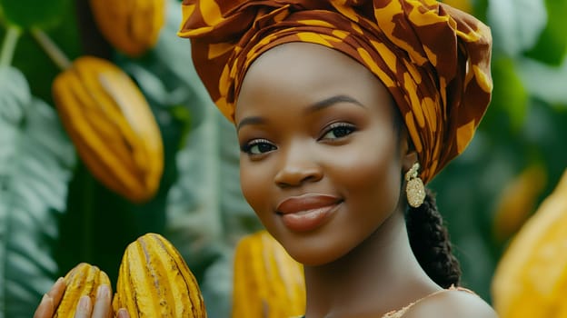 A woman in a colorful headwrap smiles warmly while holding cocoa pods in a lush farm.