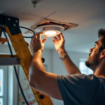 An electrician installs a ceiling light fixture, focusing on precision and safety.