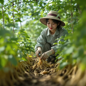 A woman gently harvests ginseng roots, surrounded by lush green plants in a serene garden.