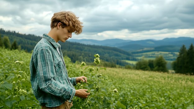 A young farmer examines plants in a scenic field with rolling hills and cloudy skies.