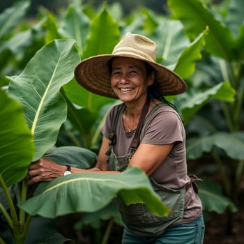 A cheerful woman wearing a straw hat tends to a banana plant, illustrating joyful farming life.