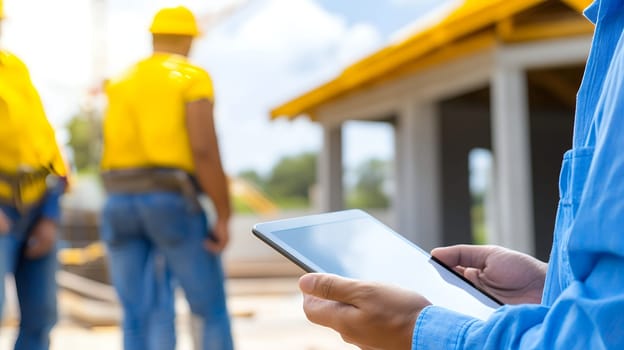 Construction workers in yellow vests discuss plans while using a tablet on a sunny site.