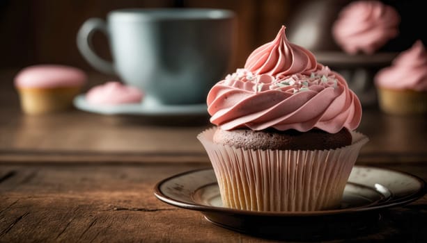 A cupcake with pink icing on a rustic table - AI generated