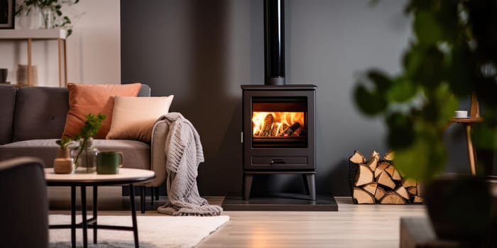 A fireplace in a modern living room - AI generated