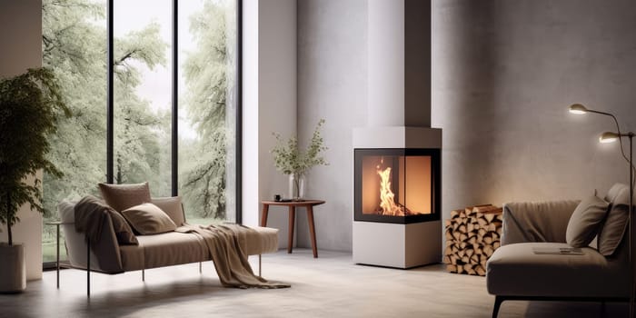 A fireplace in a modern living room - AI generated