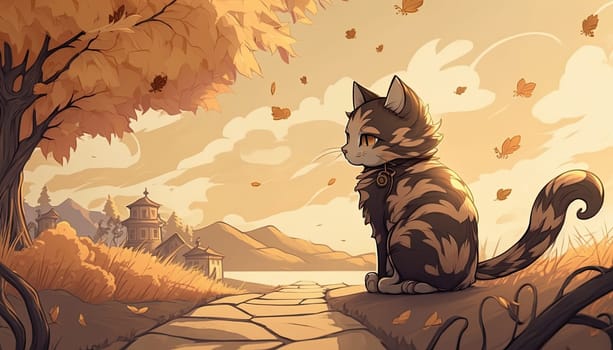 Autumn landscape with a cat - AI generated