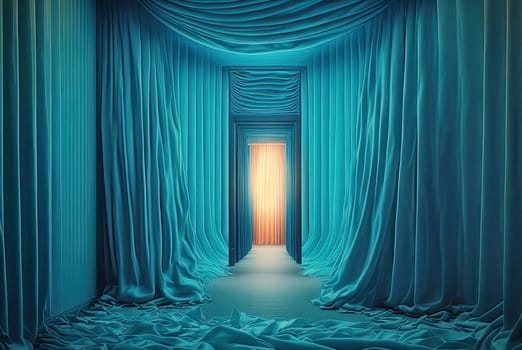 A blue hallway with curtains - AI generated
