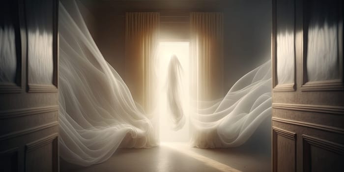 Light flooded room with floating curtains - AI generated