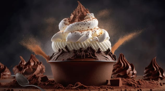 Rich chocolate mousse topped with whipped cream and cocoa powder - AI generated