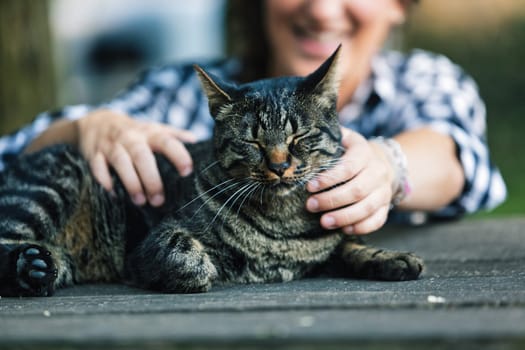 Smiling woman gently pets a relaxed tabby cat lying on a wooden table in a serene outdoor setting, creating a heartwarming scene of companionship