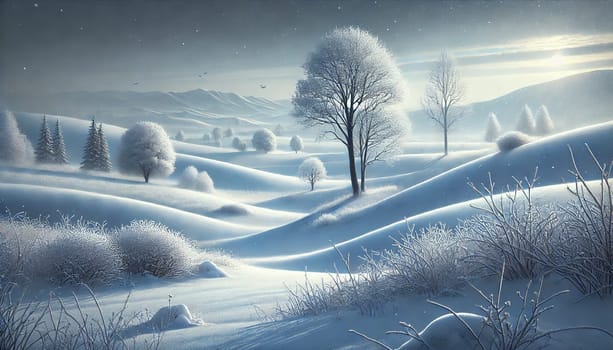 Serene Winter Landscape With Snow-Covered Hills And Trees