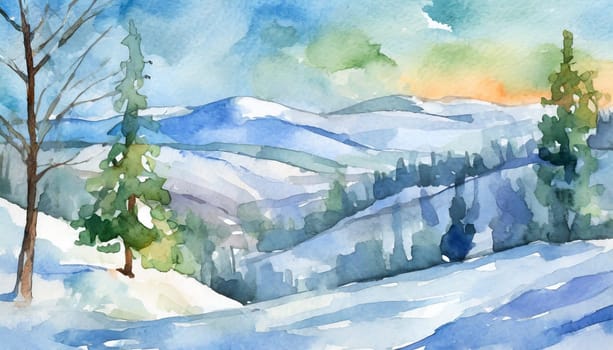 Watercolor Winter Landscape With Snowy Hills And Trees