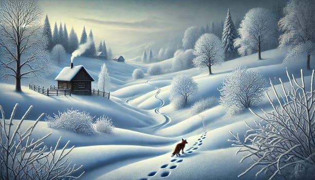 Winter Cabin In A Snowy Forest With Fox Tracks