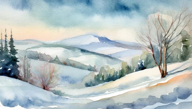 Watercolor Winter Landscape With Snowy Hills And Trees