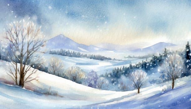 Watercolor Winter Landscape With Snowy Hills And Trees