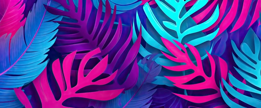 Abstract background with tropical leaves in magenta and azure - AI generated