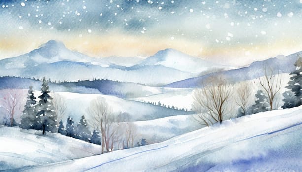 Watercolor Winter Landscape With Snowy Hills And Trees