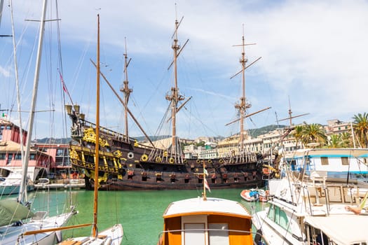 Genoa, Italy - 22 August 2024: pirate galleon Neptune, ship replica built in 1985 for Roman Polanski film Pirates