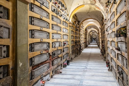 Genoa, Italy - 17 August 2024: corridor in Staglieno ancient cemetery