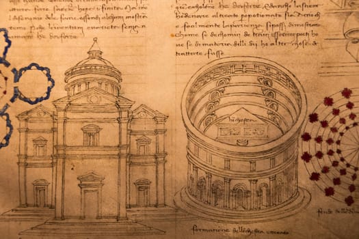 Turin, Italy - 12 December 2023: antique manuscript document with architectural studies by Giorgio Martini, 1486 circa - Royal Library