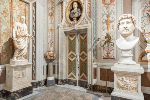 Rome, Italy - 28 December 2023: Galleria Borghese - Borghese Gallery - ancient art museum interior, sculptures in white marble