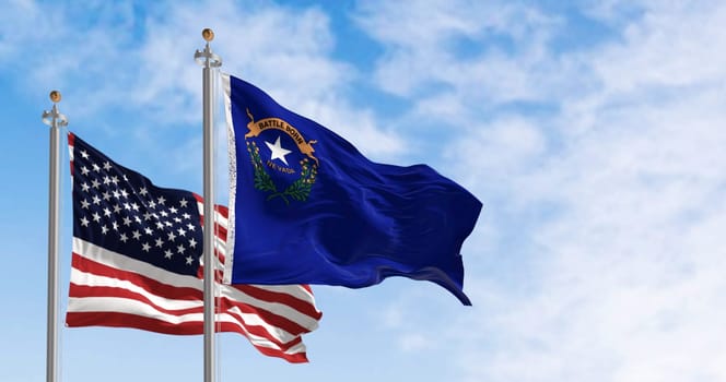 Nevada and american flag waving in the wind on a clear day. Cobalt blue field with a state emblem on the top left. 3d illustration render. Rippled fabric. Selective focus