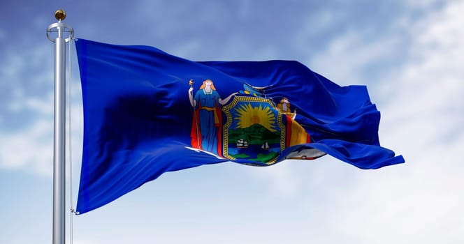 Close-up of New York State flag waving on a clear day. Blue background with state coat of arms. Fluttering textile. 3d illustration render.
