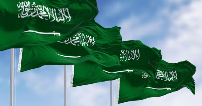 Saudi Arabian national flags waving in the wind. Green field with Shahada and sword in Thuluth script. Rippled fabric. 3d illustration render. Rippling fabric. Selective focus