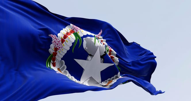 Close-up of Northern Mariana Islands flag waving in the wind on a clear day. Unincorporated territory of the United States. 3d illustration render. Rippling fabric