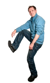 Young casually dressed Caucasian white man in casual pose isolated on white.