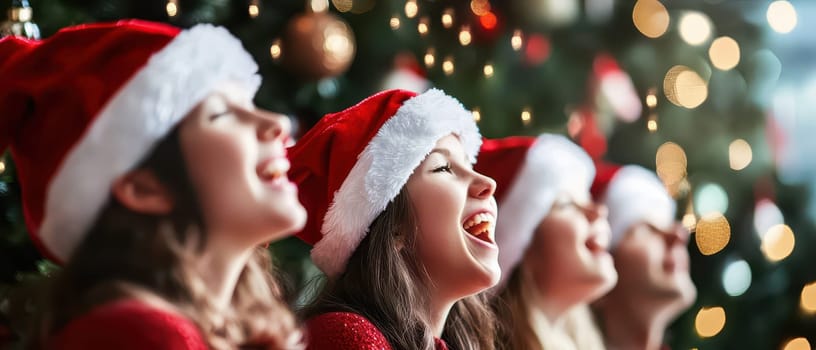 A group of joyful carolers in red attire wear Santa hats and sing Christmas songs in front of a decorated tree filled with lights.
