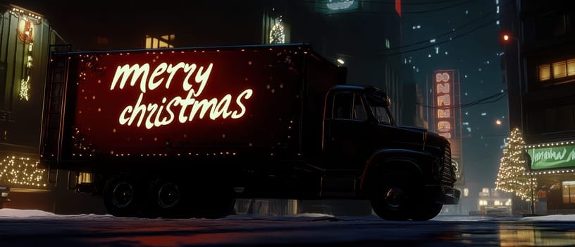 A large truck with Merry Christmas written on the side is parked on a snowy street adorned with festive lights creating a seasonal atmosphere.