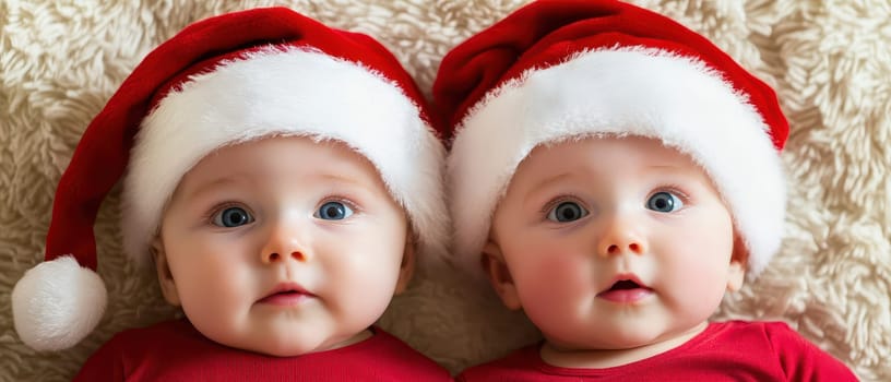 Two adorable twin babies wearing festive red outfits and Santa hats express wonder for Christmas. Soft background adds a cozy atmosphere.