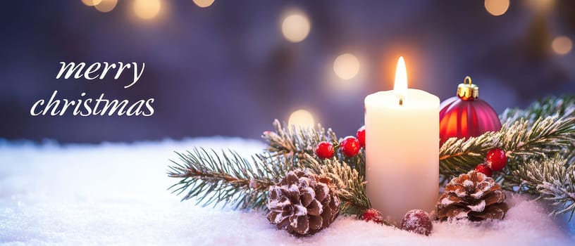 A glowing candle surrounded by pine branches and ornaments creates a cozy Christmas atmosphere with a festive spirit.