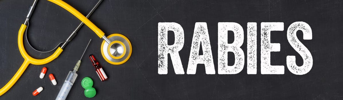 Stethoscope and pharmaceuticals on a blackboard - Rabies
