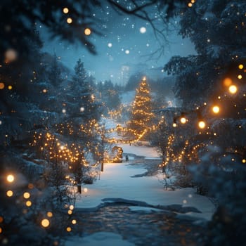 A magical winter scene featuring snow-laden trees adorned with festive lights, creating a serene and enchanting holiday atmosphere.