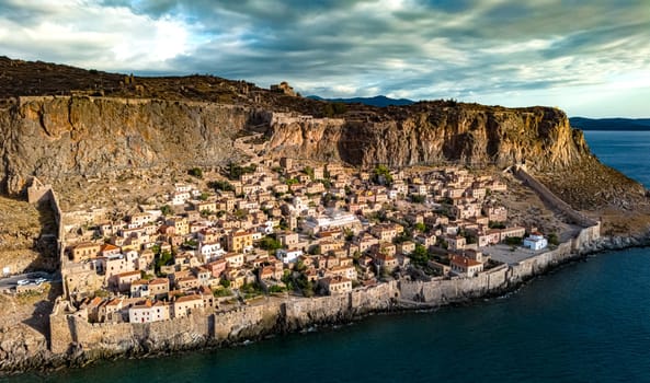 Aerial view of Monemvasia, a town in Laconia, Greece.
